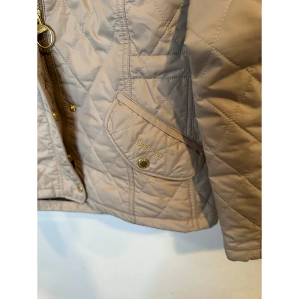 Barbour Millfire Quilt Jacket Tan Beige Hooded Tartan Lining LQU0665‎ Womens 8 - Image 2