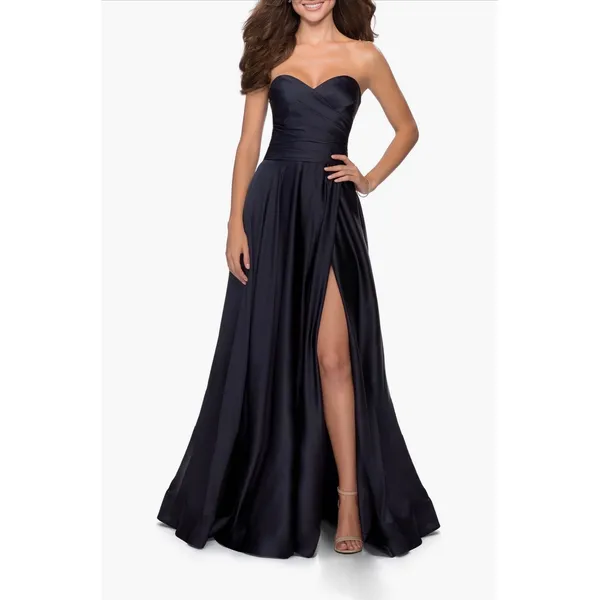 NWT La Femme 28608 Strapless Satin Gown Pleated‎ Bodice and Slit Navy Sz 6 $368 - Image 3