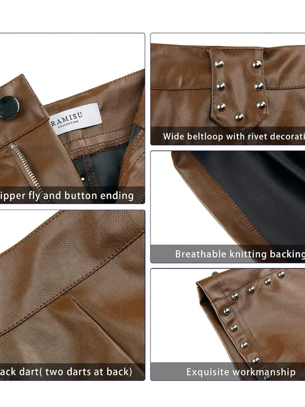Brown Faux Leather High-Waist Studded Shorts - Image 3