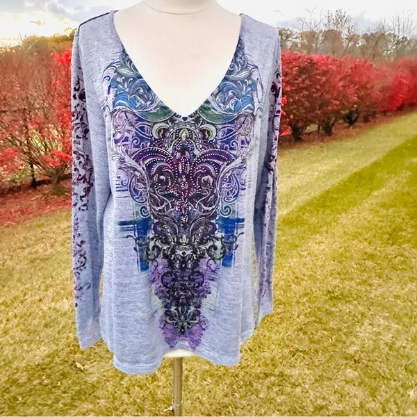 Live & Let Live Blue & Purple Printed Embellished Long Sleeve Top Women's - Image 2