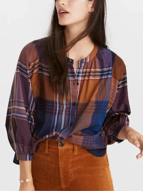 Madewell Plaid Peasant Top long sleeve Button Down Oversized cotton fall - Image 2