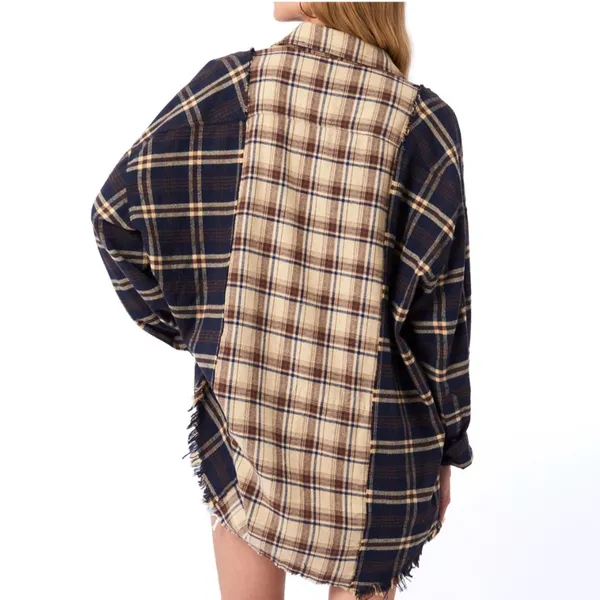 UNITED LOVERS Dove Oversized Plaid Shirt in Navy & Brown - Vintage Wash - M/L - Image 2