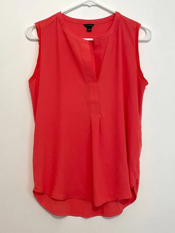 ANN TAYLOR Matte Jersey Shell Coral Split Neck Mixed Media Sleeveless Tank Top S - Image 3