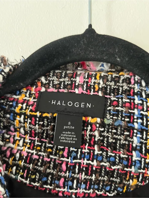 Halogen Black Multicolor Tweed Moto Blazer Jacket Small Petite Fringe Preppy - Image 2