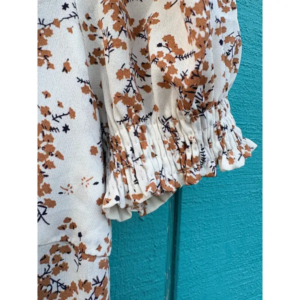 Romantic‎ Ditsy Floral Puff Sleeve Midi Dress White Rust Sweetheart Neck Sl - Image 4