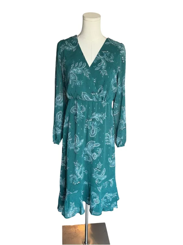 Lucky Brand - NWT Teal Paisley Chiffon Midi Dress Long Sleeve Metallic Sz M - Image 3