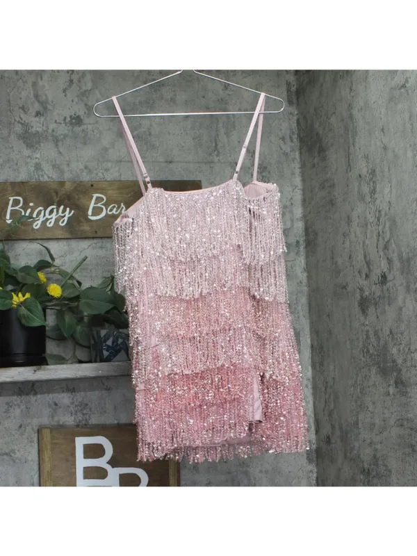 NWT Aqua X Salvatore Rizza Womens Tiered Ombre Fringe Mini Dress IDO14332 Pink M - Image 3