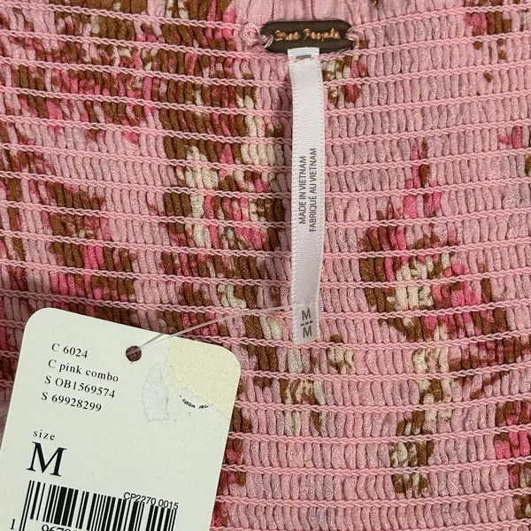 Free People Hilary Printed Top Womens M Pink Floral Ruched Puff Sleeve Smocked - Image 7