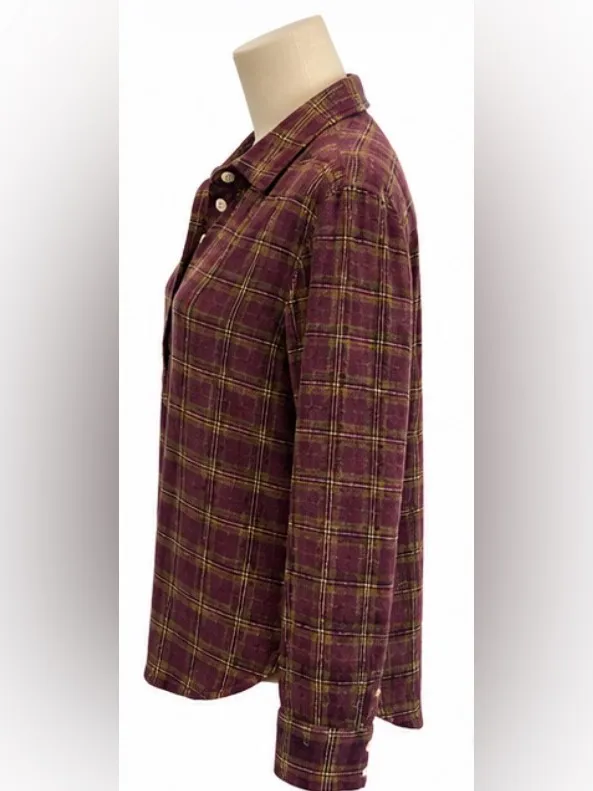 Faherty Plaid Wool Blend Popover Shirt M Burgundy Olive Long Sleeve - Image 2