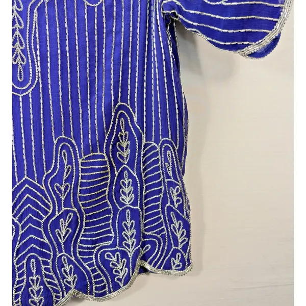 Vintage Royal Blue‎ Silk Beaded Blouse Silver Bugle Bead Scalloped Hem Top Small - Image 3