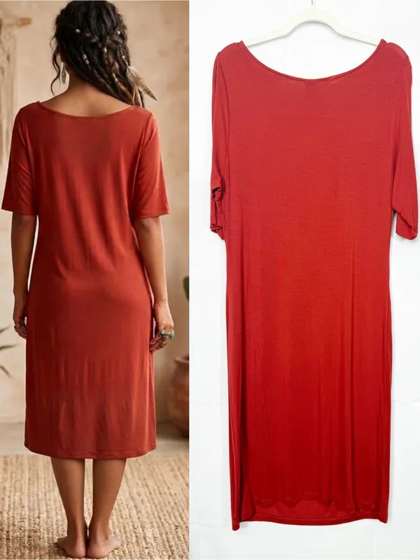 Peruvian Connection Draped Neck Stretch Jersey Midi Dress Rust Red Minimalist - Image 4