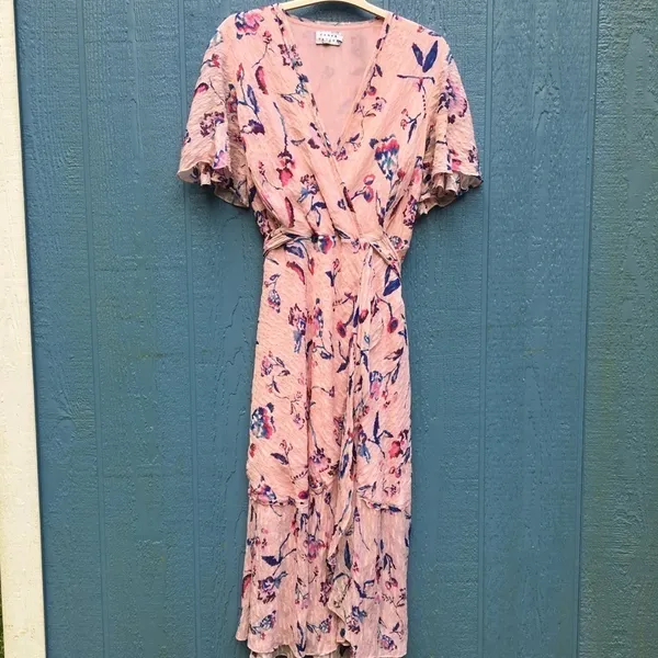 Tanya Taylor Blaire Pink Floral Silk Ruffle MIDI Dress Faux Wrap Flowers v6x - Image 7