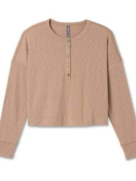 Vuori Women’s Long Sleeve Sunrise Oversize Henley Top Shirt in Goldenrod M - Image 3