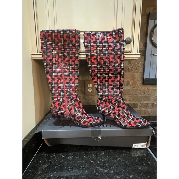 Betsey Johnson Women's Pamella Red/Black Plaid Sequin Knee High Boots Size 7.5 - Image 4