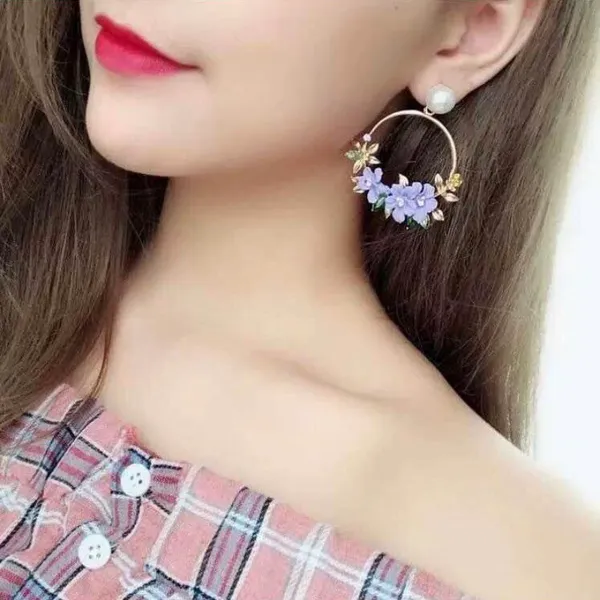 Women's Pearl Crystal Flower Dangle Drop Hoop Earrings - Image 3