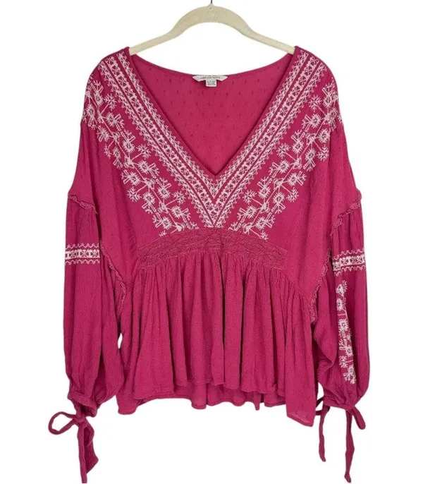 American Eagle Embroidered Boho Top Sz XL Pink Balloon Sleeves - Image 2