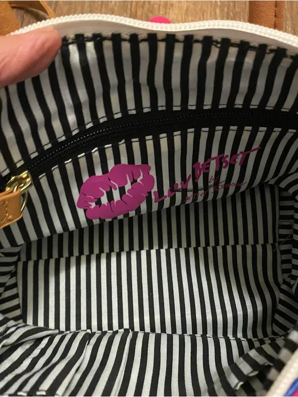 Luv Betsey Johnson Nautical Mini Tote Bag Purse Blue White Stripes Pink Pom 7x10 - Image 9