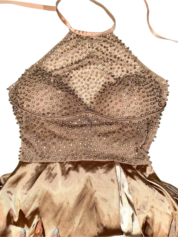 Sherri Hill 52570 Beaded Rhinestone Satin Layered Halter Gown 0 in Mocha - Image 10