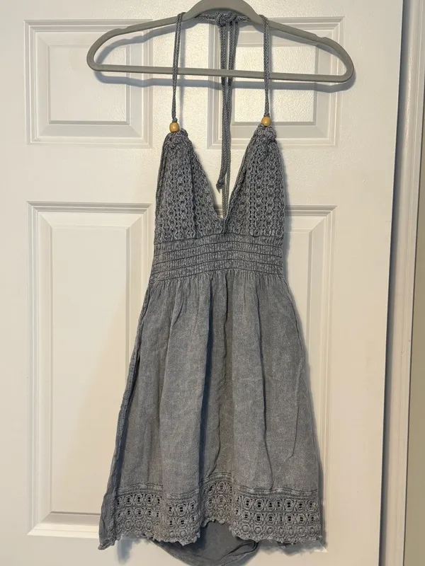 BLANCO by NATURE Summer Wash Gray Mika Beaded Crochet Backless Halter Dress Med - Image 3