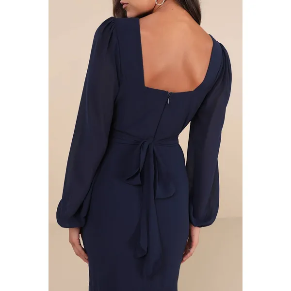 NEW Lulus Tier Elegance Navy Long Sleeve V-Neck Chiffon Tiered Maxi Dress Medium - Image 4