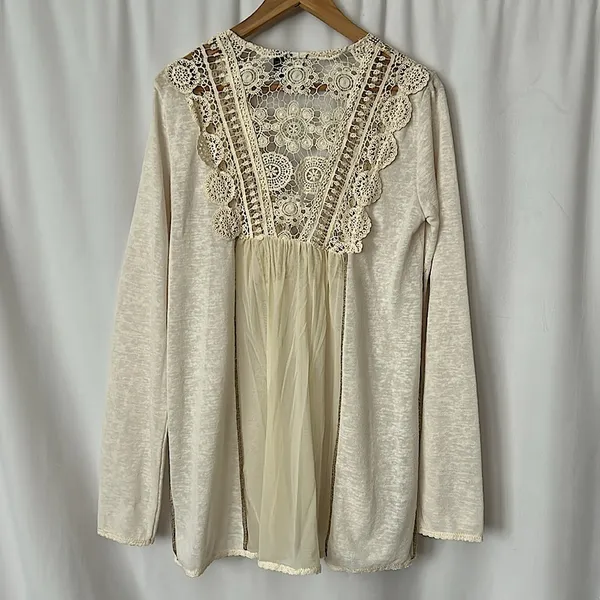 BKE Boutique Boho Cream Crocheted Long Sleeve Tunic Shirt Top **Sz L** 🌸🌸 - Image 2