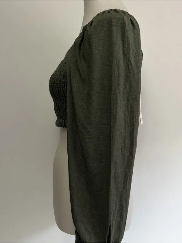 Crescent Medium Olive Smocked Linen Blend Crop Top Peasant Cottagecore Bohemian - Image 3