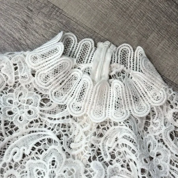 Main Strip White Crochet Lace Overlay Midi Dress M Sleeveless High Neck Bridal - Image 4
