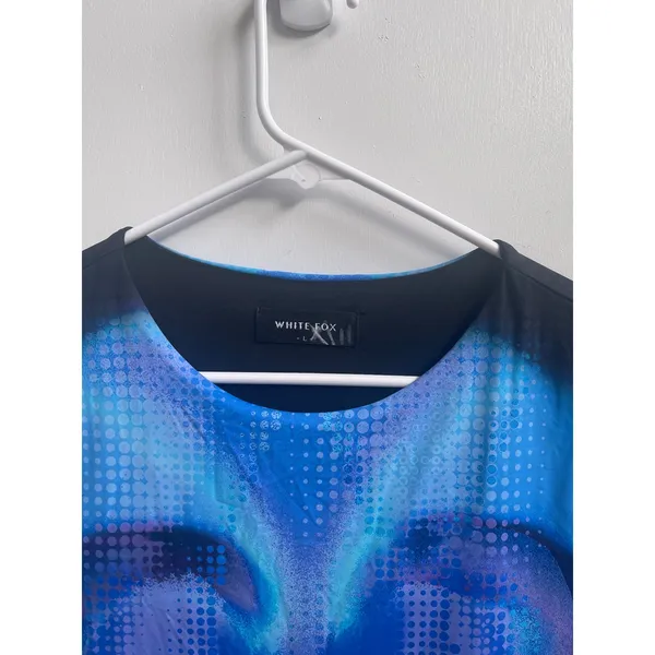 White Fox Blue Abstract Print Bodycon Mini Dress Long Sleeve Cyber Love Island L - Image 5