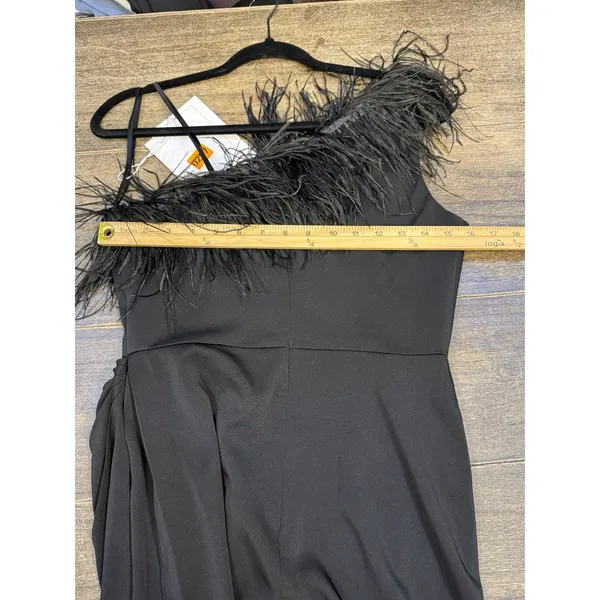 Mac Duggal 68456 Black One Shoulder Feather Trim Gown Size 6 Maxi Dress - Image 9
