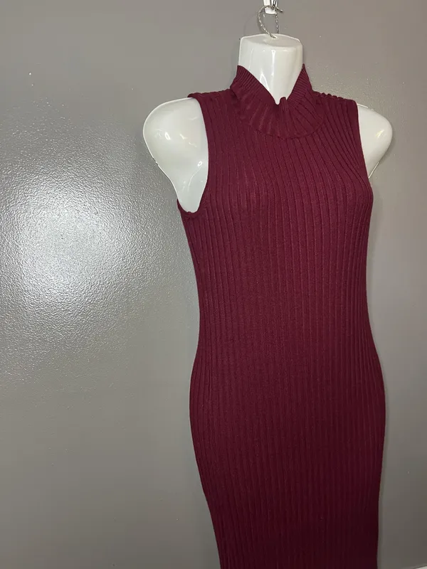 Knit & Love Dress Womens Medium Ribbed Sleeveless Mock Neck Midi Bodycon - Image 4