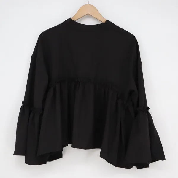 Shein Black Peplum Blouse Notched V-Neck Tiered Bell Sleeve Ruffle Top Large - Image 5