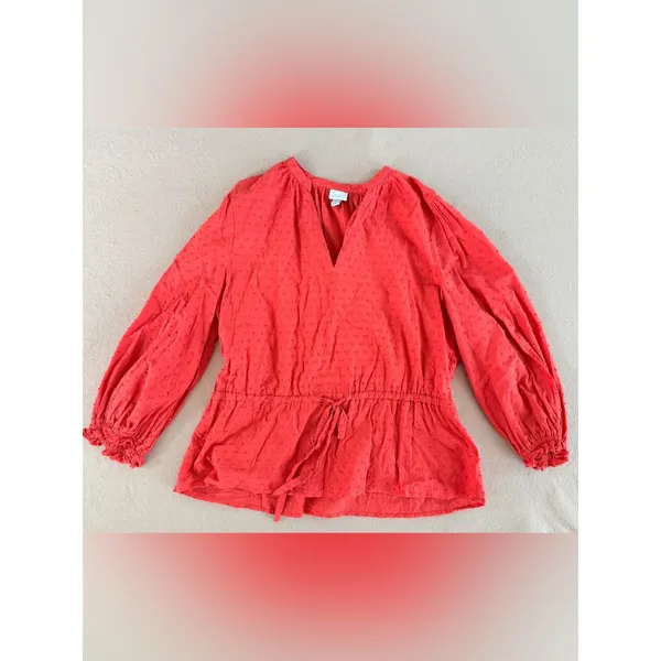 100% cotton Blouse flare milkmaid peasant whimsy v-neck textured women Large - Image 7