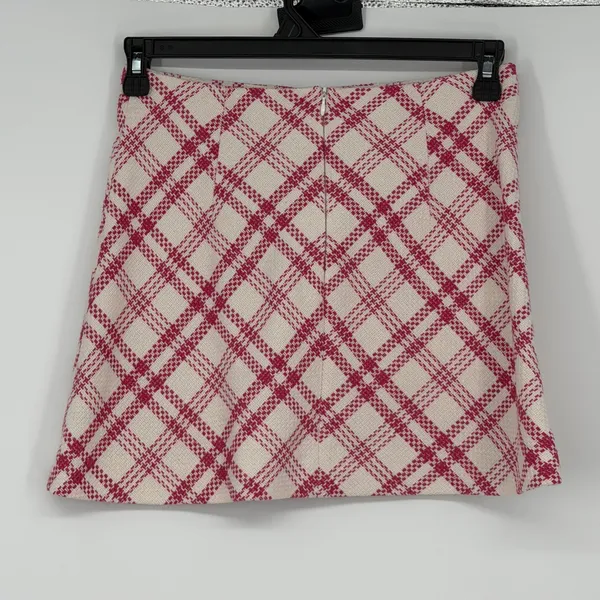 Zara Pink Cream Plaid Tweed Mini Skirt Womens Small Textured A-Line Zip‎ Back - Image 2