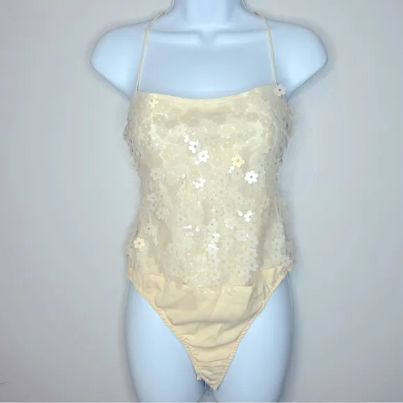 Zara‎ Cream Floral Sequined Bodysuit Size M NWT - Image 6