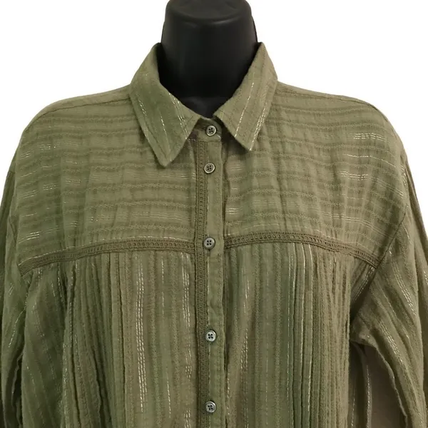 Anthropologie pin tuck moss green & metallic shirt dress S‎ - Image 4