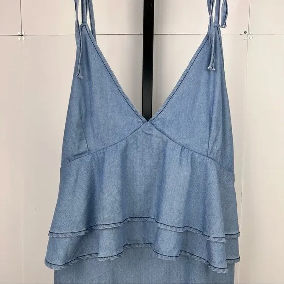 DO+BE Chambray Mini Dress Womens M Blue Tie Strap Ruffle Layered Boho Soft Girl - Image 5