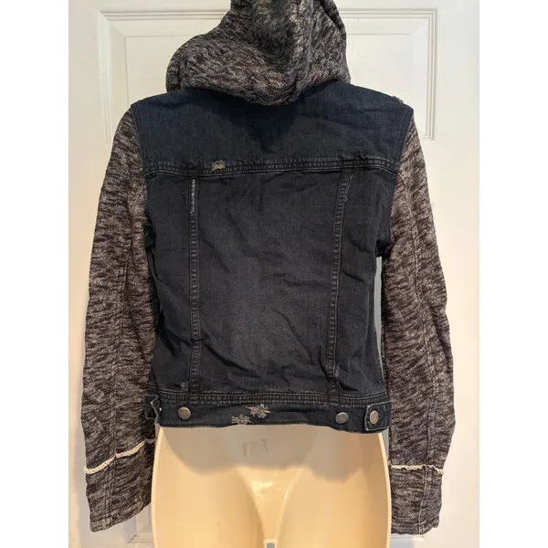 Free People Mixed Media Denim Jacket Knit Sleeves Hooded Distressed Dark Wash S - Image 5