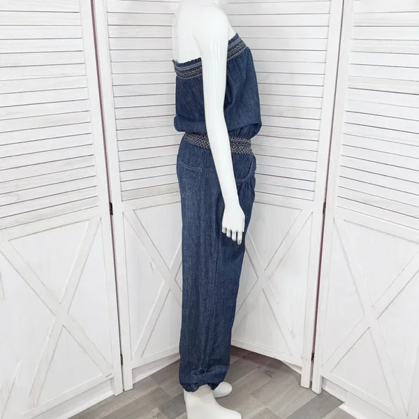 Poetry‎ Boho Smocked Strapless Wide Leg Chambray Jumpsuit Denim Blue Small - Image 3