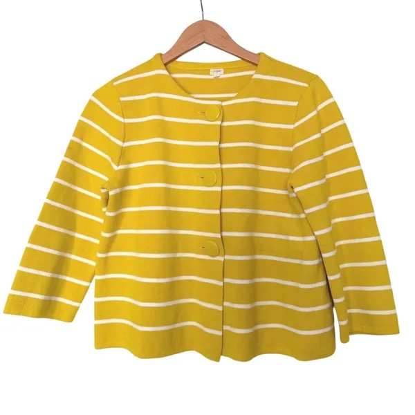 J.Crew Yellow White Striped Cotton Button Front Cardigan Sweater Size Large - Image 2