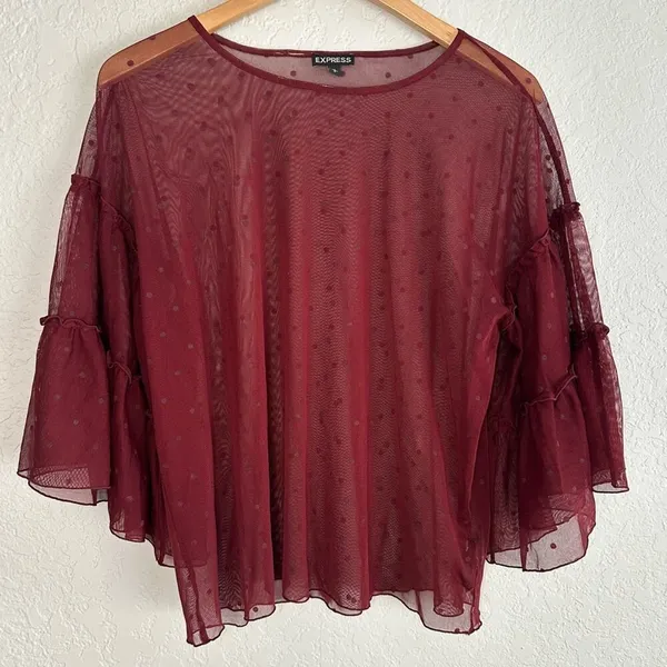 Express Sheer Fairy Top Polka Dot Burgundy Dark Vampire Fall Whimsigoth Large - Image 5
