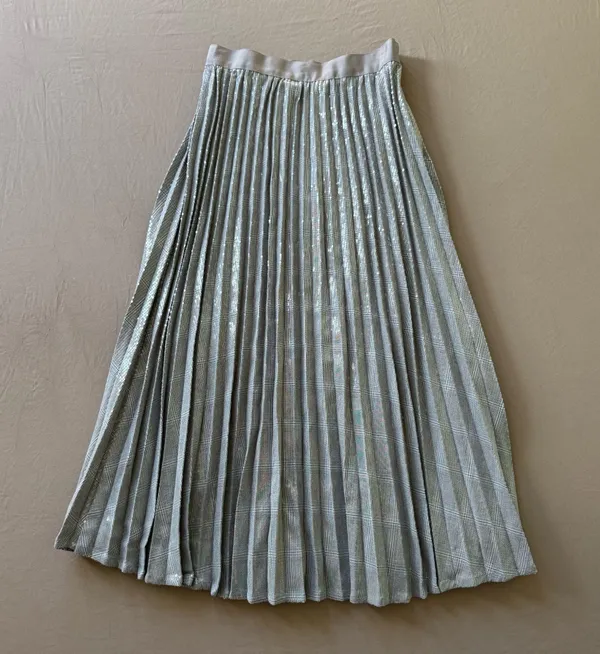 Plaid Pleated Sequin Midi Skirt Silver Size XS - Image 2