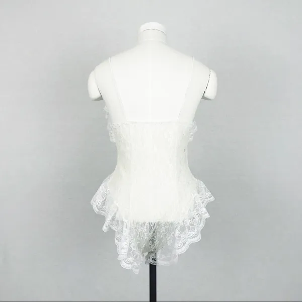 Vintage Ruffled Lace-Up Lace Bodysuit Lingerie in White | Size S - Image 8