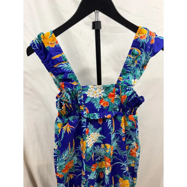 Vintage Liberty House of Hawaii Blue Floral Tropical Ruffle Satin Midi Sundress - Image 2