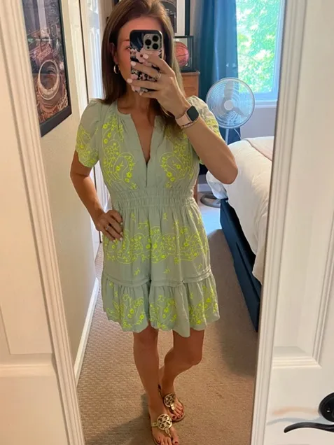 Anthropologie The Somerset Mini Dress Embroidered Linen short sleeve splice mint - Image 2