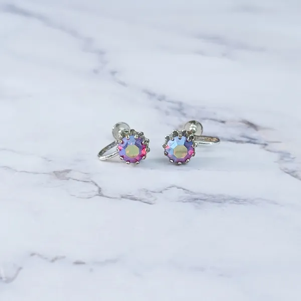 Vintage Screw On Earrings Iridescent Dark Pink Gems - Fair Condition - Image 2