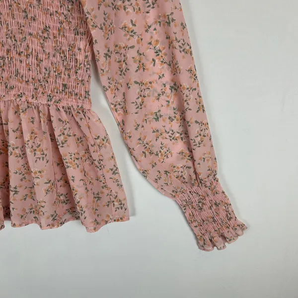 Petal + Pup Pink Floral Smocked Peplum Top Long Sleeve Shirred Blouse Small - Image 7