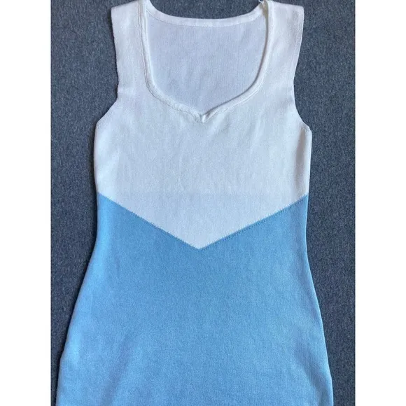 Knit Color Block Midi Dress White Blue‎ Sweetheart Neck Sleeveless Sheath Dress - Image 3