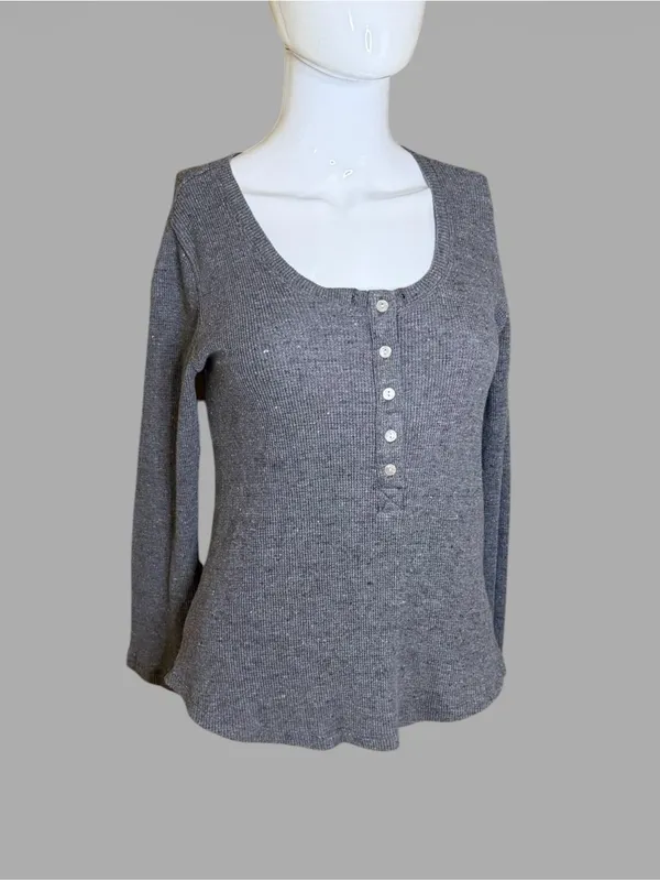 Lucky Brand Gray Ribbed Scoop Neck Henley Long Sleeve Top - Image 2
