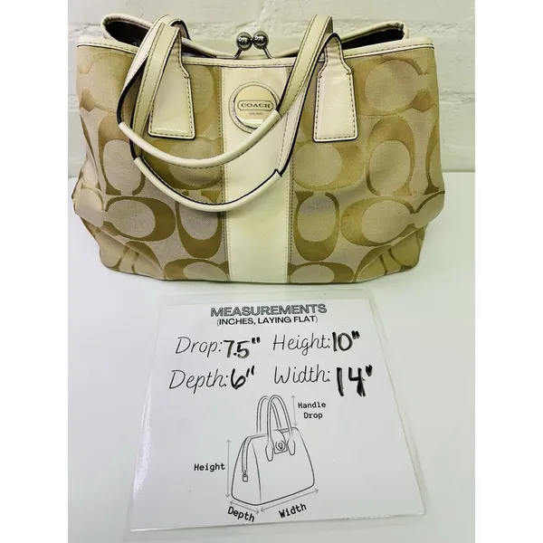 Coach‎ Beige Signature Canvas and Patent Leather Kisslock Framed Carryall Tote - Image 13