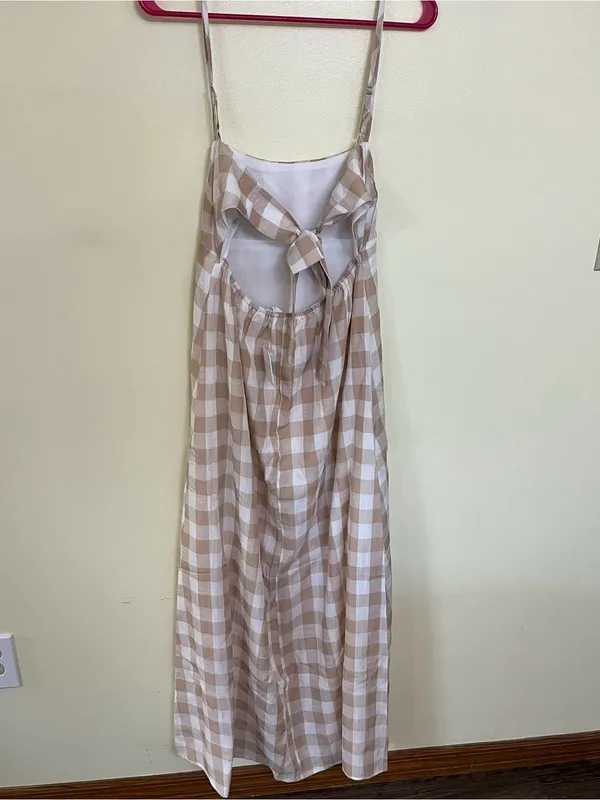 NEW Altar’d State Tan and White Gingham Maxi Dress Size Medium Available - Image 4